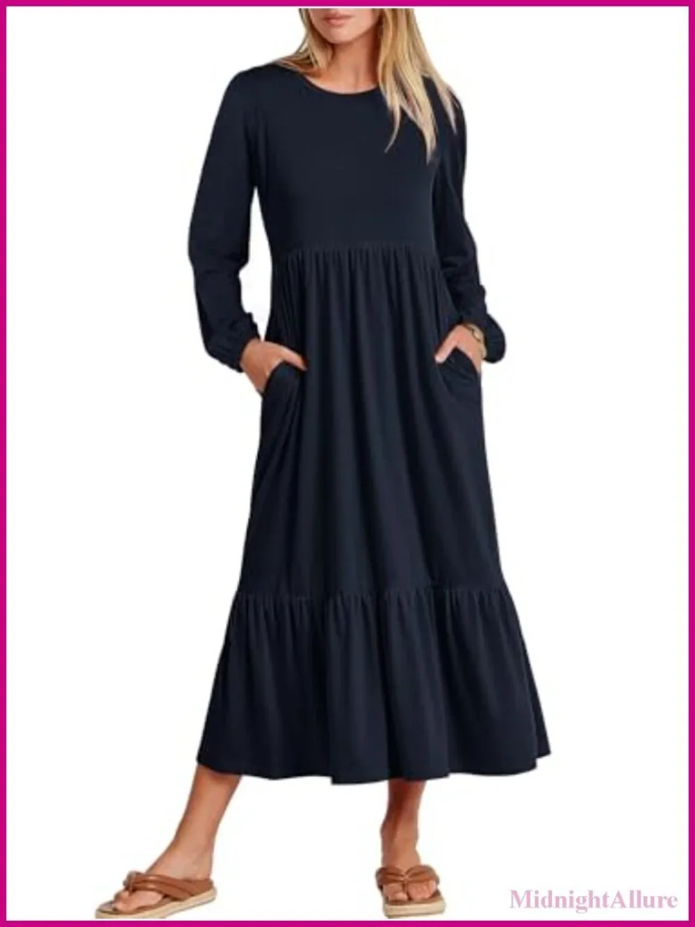 Flowy Tiered Midi Dress Long Sleeve A-Line Cotton Blend with Pockets